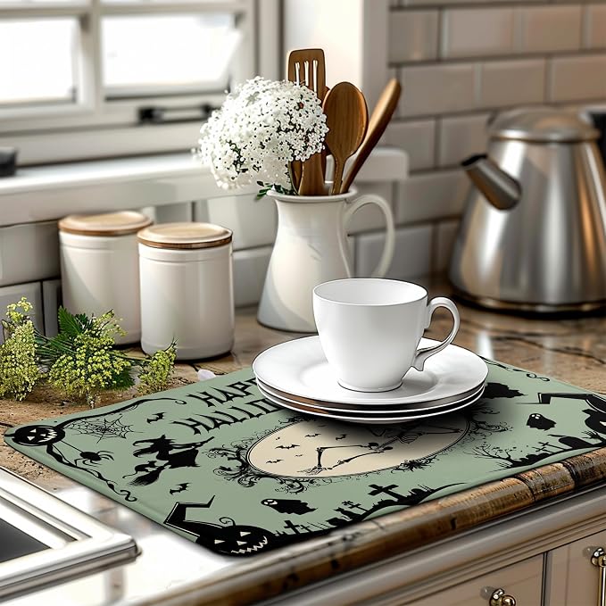 Happy Halloween Dish Drying Mat for Kitchen Counter 18x24 Skull Pumpkin Witch Spider Web Bat Ghost Drying Mats Green Black Absorbent Microfiber Dish Drainer Rack Pad for Coffee Bar