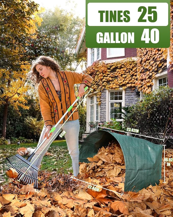 65 Inch 25 Tines Metal Leaf Rake Set with 40 Gal Dustpan-Type Bags | Heavy duty garden rake, Leaf gathering tool, Yard waste bag set, Metal dustpan rake, Lawn tool, Grass clippings sweeper