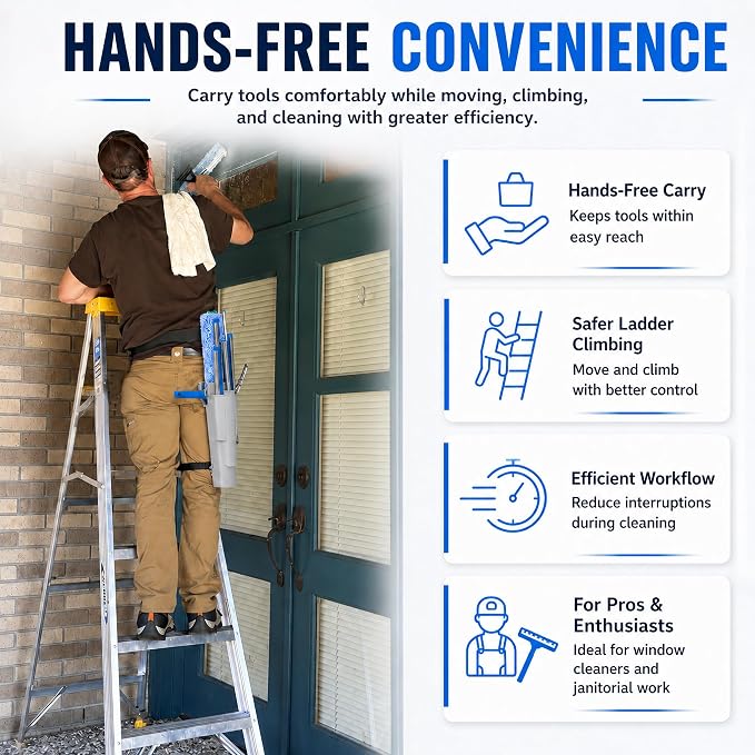 Window Cleaning Holster with Belt and Quick-Connect Leg Strap | Detachable Squeegee Holder Tool, Removable Side Bucket, Multi-Tool Waist Carry Design