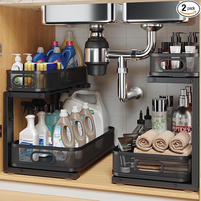 2 Pack 15.7IN-Depth Under Sink Organizer With Smooth Cylindrical Rail,2-Tier Pull Out Multi-Purpose Cabinet Storage for Bathroom&Kitchen,Height Adjustable,Rust-resistant Coating-Black