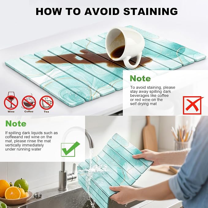 Stone Drying Mat for Kitchen Counter, Quick Diatomaceous Earth Mats for Dishes, 24"L x 16" W Super Absorbent Fast-Drying Collapsible Countertop Stone Mat (Marble White Green-01, 24" x 16")