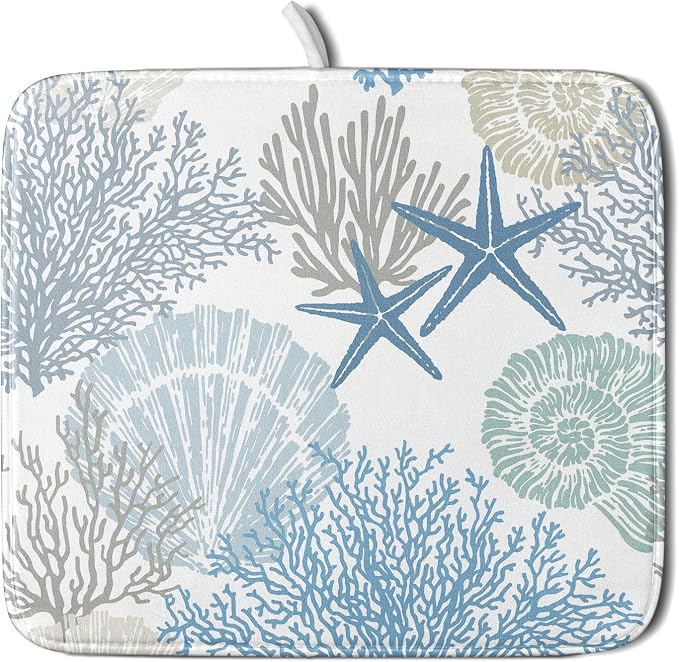 Nautical Dish Drying Mat for Kitchen Counter Coastal Seashell Starfish Summer Microfiber Absorbent Dish Draining Reusable Washable Foldable 16"x18"