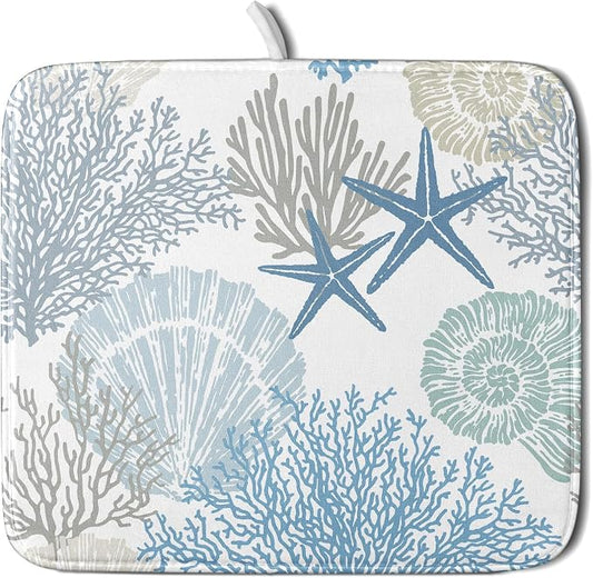 Nautical Dish Drying Mat for Kitchen Counter Coastal Seashell Starfish Summer Microfiber Absorbent Dish Draining Reusable Washable Foldable 16"x18"