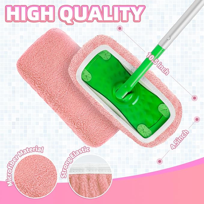 8 Pack Reusable Mop Pads Compatible with Swiffer Sweeper, Coral Fleece Washable Swiffer Mop Pads, Dry & Wet Sweeping Mopping Cloths (Pink, Not Included Mop)