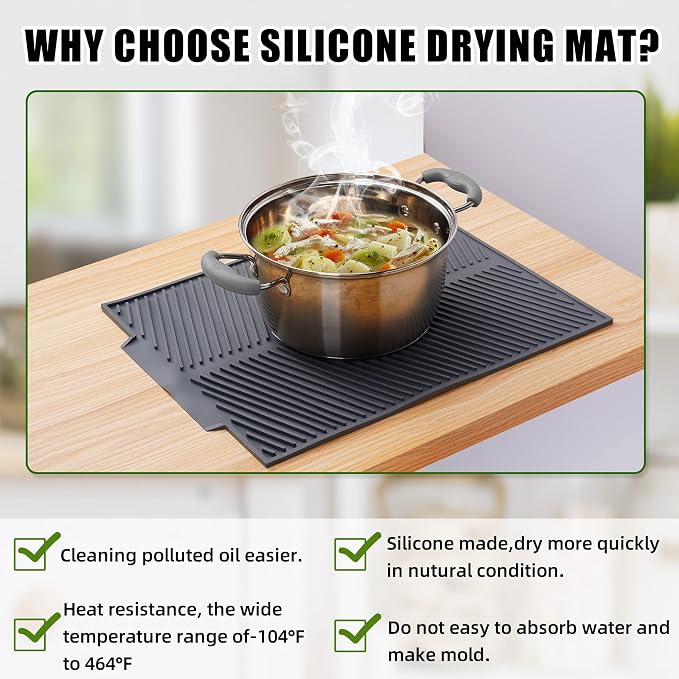Dish Drying Mat for Kitchen Counter, Silicone Large Dish Drying Pad, Easy Clean Non-slipping Heat Resistant Dish Rack Mat, Foldable Dish Drain Mat, 17'' x 13'', Gray