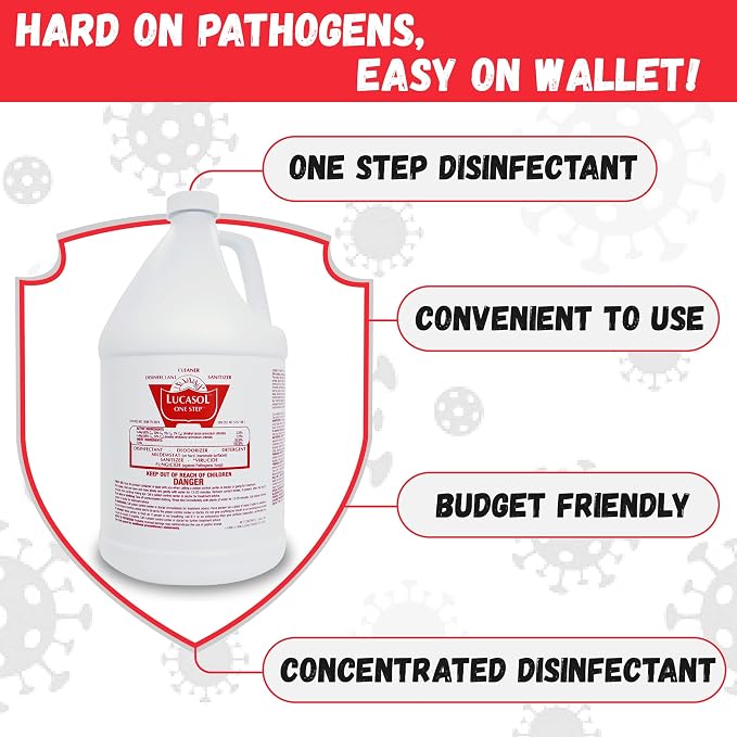 Lucasol One Step Disinfectant, 1 Gallon & 24 Oz Empty Refillable Spray Bottle Combo. All Purpose Cleaner Spray For Hospitals, Schools, Salons, Household Cleaning And More