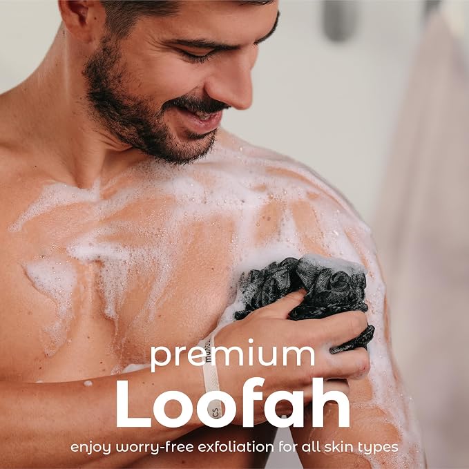 MainBasics Shower Loofah Sponge Pouf, Set of 3, Triple Black | Soft Mesh Body Scrubber and Bath Sponge for Gentle Exfoliation, Rich Lather, and Everyday Shower Use