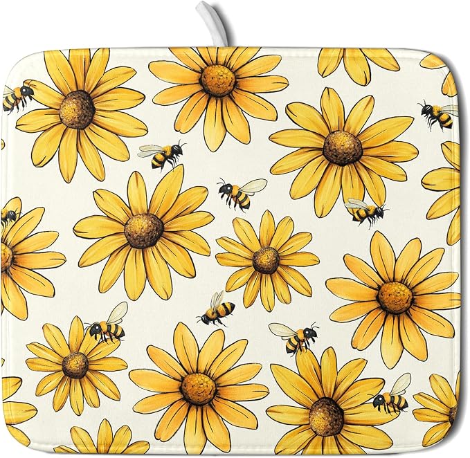 Spring Summer Sunflower Bee Dish Drying Mat 16×18 Inch | Polyester，Absorbent Microfiber，for Kitchen Coffee Dining Bar Decor