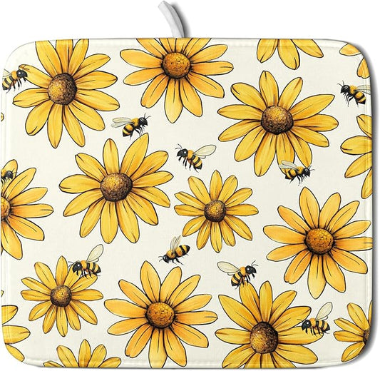 Spring Summer Sunflower Bee Dish Drying Mat 16×18 Inch | Polyester，Absorbent Microfiber，for Kitchen Coffee Dining Bar Decor