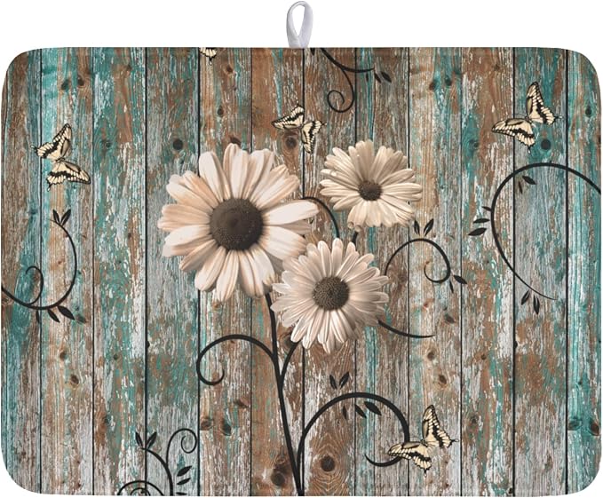 Vintage Daisy Floral Wooden Board Dish Drying Mat 18x24 Inch | Rustic，Polyester，Absorbent Microfiber，for Kitchen Coffee Dining Bar Decor