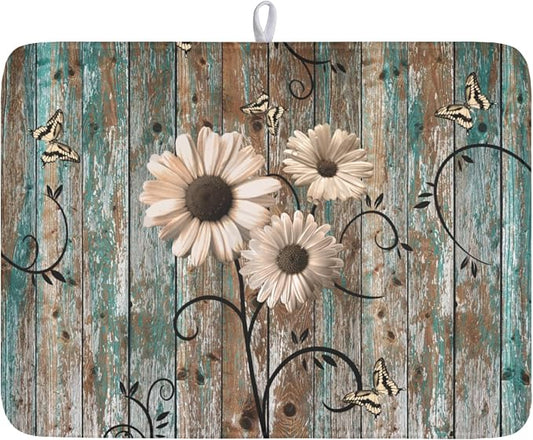 Vintage Daisy Floral Wooden Board Dish Drying Mat 18x24 Inch | Rustic，Polyester，Absorbent Microfiber，for Kitchen Coffee Dining Bar Decor