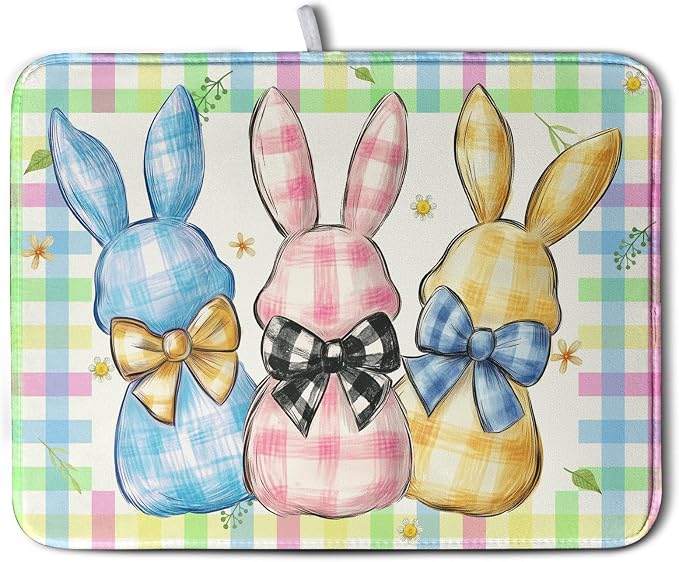 Easter Drying Mat for Kitchen Counter 18x24 Inch Spring Cute Bunny Dish Drying Mats Colorful Buffalo Plaid Rabbits Drying Pad Microfiber Absorbent Dish Drainer Rack Mat Easter Kitchen Accessories