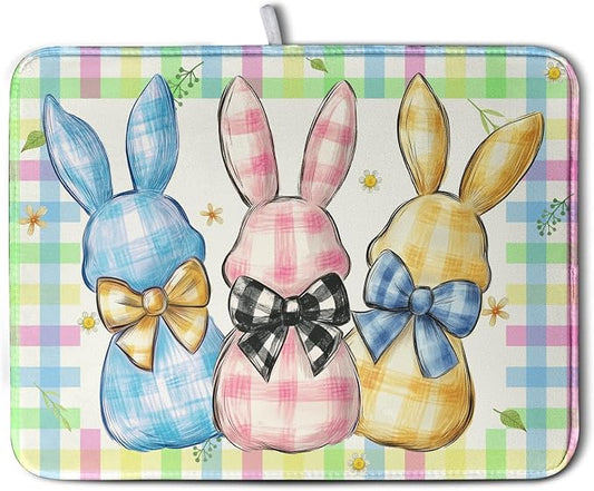 Easter Drying Mat for Kitchen Counter 18x24 Inch Spring Cute Bunny Dish Drying Mats Colorful Buffalo Plaid Rabbits Drying Pad Microfiber Absorbent Dish Drainer Rack Mat Easter Kitchen Accessories