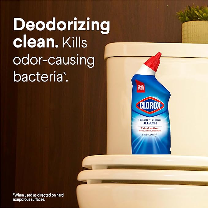 Clorox Toilet Bowl Cleaner with Bleach, Rain Clean Scent, Kills 99.9% of Germs, Removes Toilet Rings and Mold Stains, 24 fl oz, Pack of 2