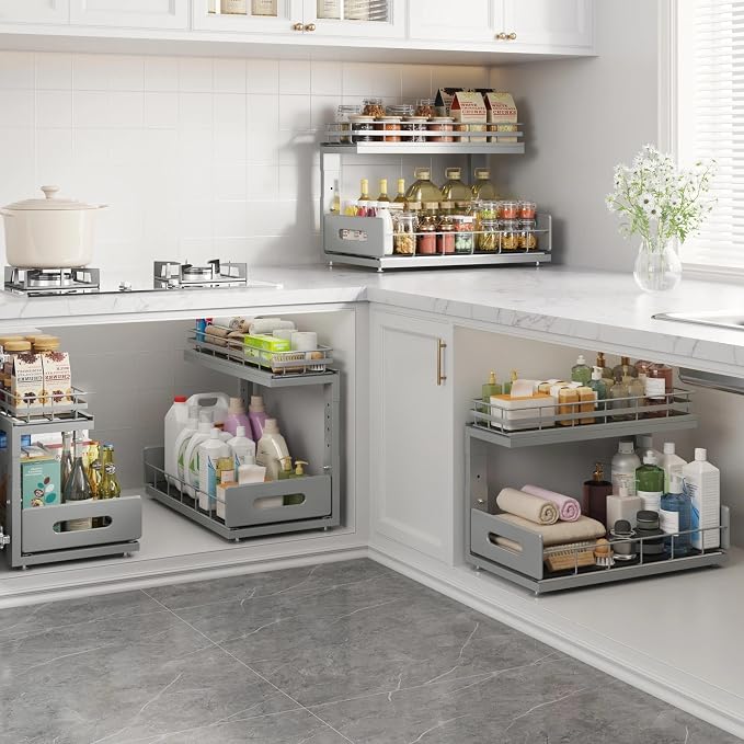 Under Sink Organizer Upgrade To Professional Rails,2-Tier Dual Pull Out Cabinet Storage,Height Adjustable Slide Out Drawers For Bathroom Kitchen,2 Pack-16.7"Dx12.8"-16.9"H,Gun Gray