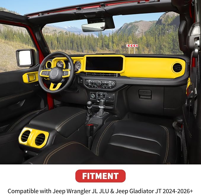 21PCS Full Set Interior Trim Kit for 2024-2026+ Jeep Wrangler JL JLU & Jeep Gladiator JT, Dashboard Side Outlet Door Handle Bowl Headlight Switch Roof Reading Light Cover (Yellow)