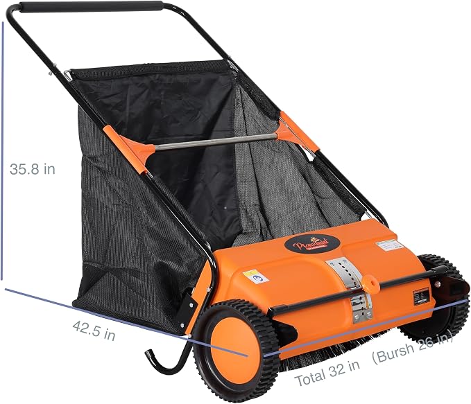 26-Inch Push Lawn Sweeper, 7 Cu.Ft. Hopper Capacity, 2 Spiral Spinning Brushes, Adjustable Height, Dustproof Walk-Behind Yard Sweeper for Leaves, Grass Clippings & Debris