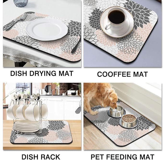 Dish Drying Mat 2-Pack Grey Pink Dahlia for Kitchen Counter Dishes Mat | Diatom Mud Mats (18x24, 19.5x12"). Non-slip rubber back for kitchen counter, coffee bar & sink scenes