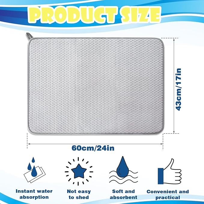 3 Pack Microfiber Dish Drying Mat,24 x 17 inch Super Absorbent Drying Pad,Large Size Dish Drying Mat for Countertops,Sinks,Draining Racks,Gray