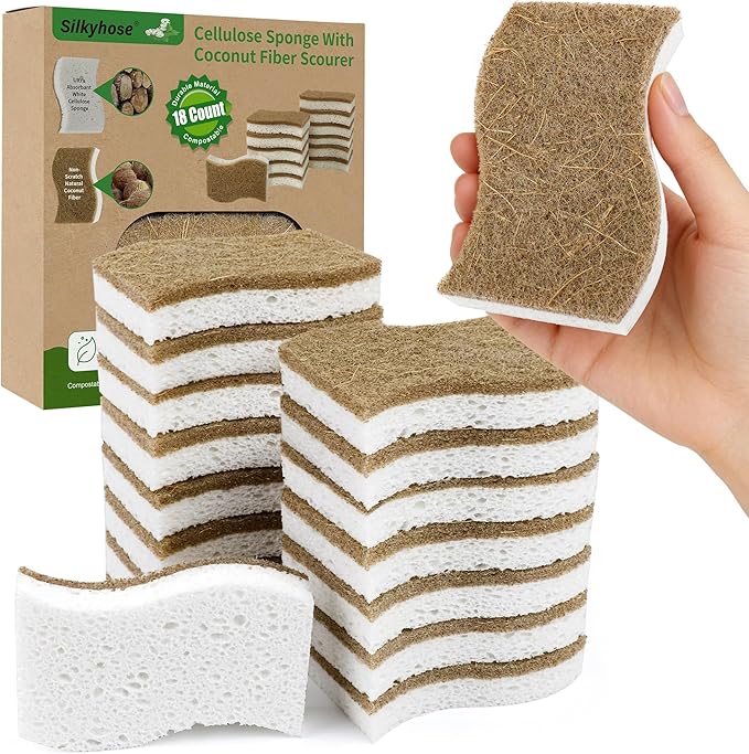 18 Pack Natural Kitchen Sponges, Biodegradable & Compostable | Non-Scratch Cellulose Coconut Fiber Sponges for Dishes, Pots & Pans | Eco-Friendly Cleaning Sponge (18)