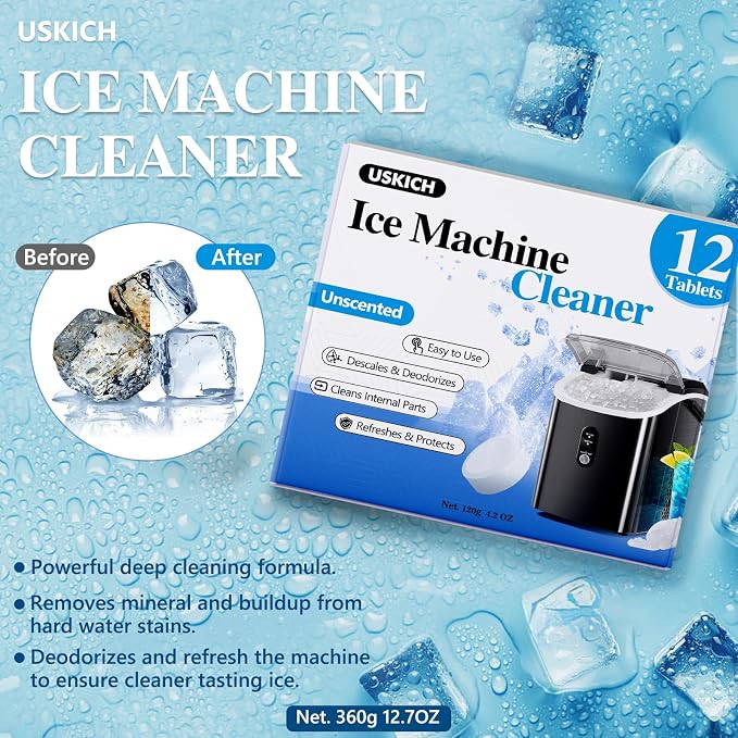 USKICH Ice Machine Cleaner Descaler Tablets-12 Pack Ice Maker Cleaner Compatible with Frigidaire, Opal, GE Profile, Kitchenaid, Nickel Safe Scale Remover for Countertop, Nugget Ice Makers