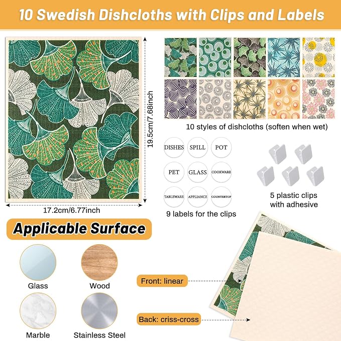 Lucomb 10 Pack Swedish Dishcloths for Kitchen, Reusable Cleaning Cloths Absorbent Non-Scratch Cellulose Sponge Cloths for Dishes Counters