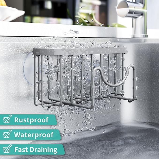 HapiRm Sponge Holder for Kitchen Sink - Sink Caddy with Unique M-Shaped, 2 Installation Methods Kitchen Organizer, Rustproof Stainless Steel Sponge Caddy - Grey