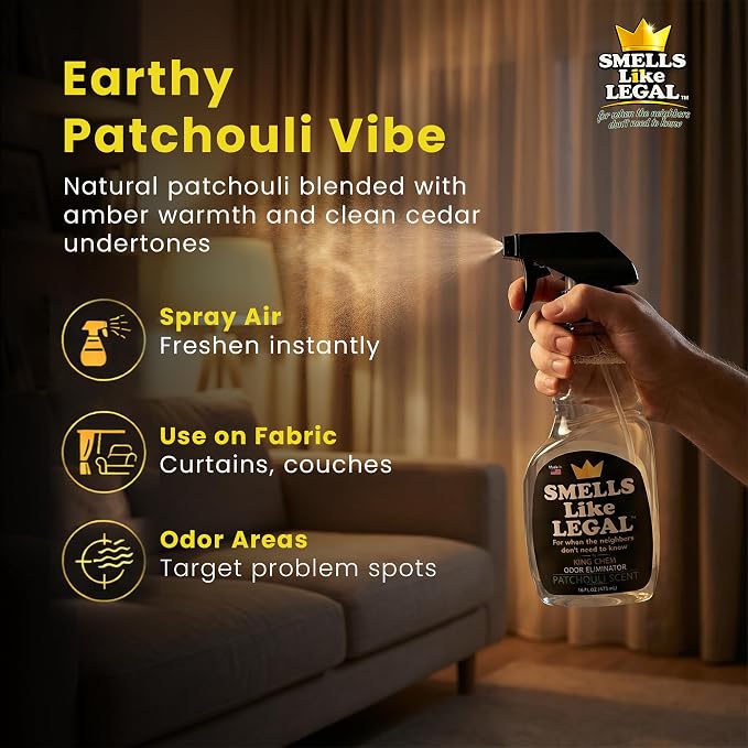Smells Like Legal™ Patchouli Odor Eliminator Spray – Powerful Commercial-Grade – Eliminates Smoke, Pet & Food Odors at source – Fabric-Safe, Non-Staining – Biodegradable Air & Fabric Freshener – 16 oz | Commercial-Grade, Eliminates Smoke, Pet & Food Od...