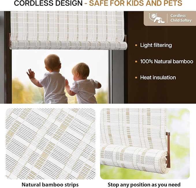LazBlinds No Drill Bamboo Roller Shades, Whitewash B, 23" W x 64" H | No Tools Cordless Bamboo Blinds, Light Filtering Roll Up Blinds for Windows, French Door, Porch or Patio Privacy Screen