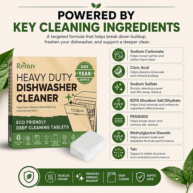 Renuv® Heavy Duty Dishwasher Cleaner & Deodorizer, Descaler, 12 XL Tablets | Deep Cleaning, Natural Odor & Smell Remover, Calcium, Limescale, Hard Water Marks, Grease Remover, Septic Safe