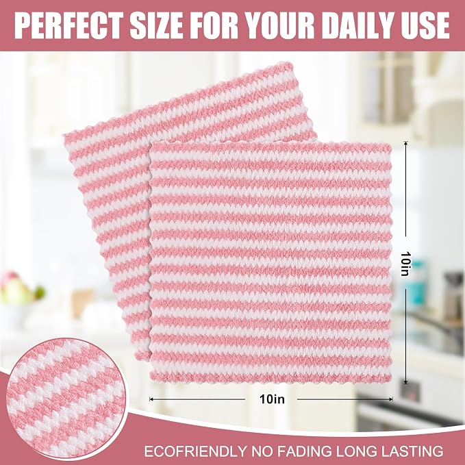 Homaxy 12 Pack Kitchen Dish Cloths, Ultra Soft and Absorbent Dish Towels, Reusable Fast Drying Microfiber Cleaning Cloth, Coral Velvet Wave Design No-lint, 10 x 10 inches, Pink