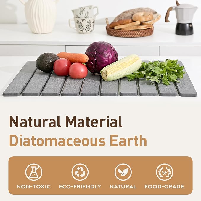 Large Stone Drying Mat for Kitchen Counter 24x16 Inch, Diatomaceous Earth Super Absorbent | Quick Dry Non-Slip Collapsible Dish Mat for Dishes Utensils Cups | Eco-Friendly Counter Protector, Dark Grey