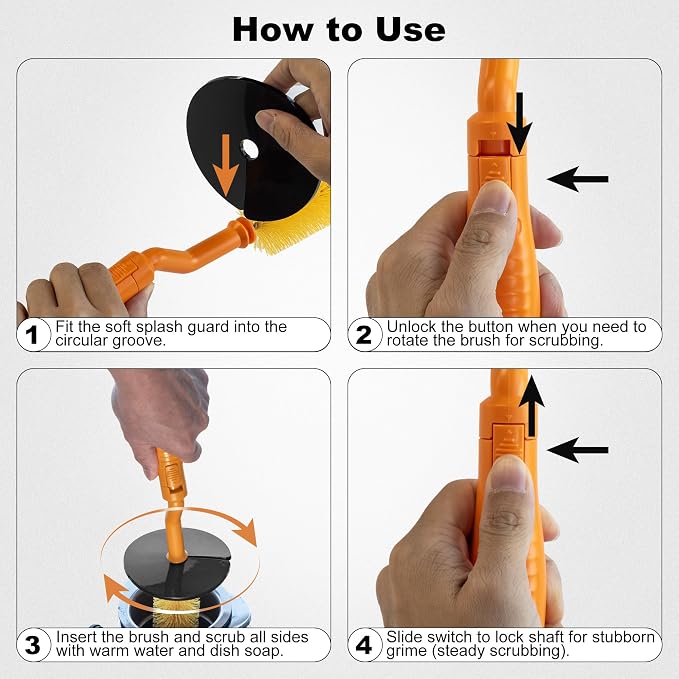 Universal Garbage Disposal Brush – 360° Rotating Head with Rubber Splash Guard, 17.7 Inches,Long-Handle Sink & Disposer Cleaner