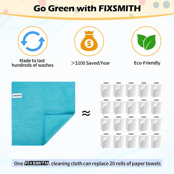 FIXSMITH Microfiber Cleaning Cloth, 20 Pack Cleaning Rags, Cleaning Towels for Housekeeping, Kitchen, Car, Lint-Free, Reusable Shop Towels with 5 Colors (Green/Blue/Yellow/Orange/Pink), 12"X12"