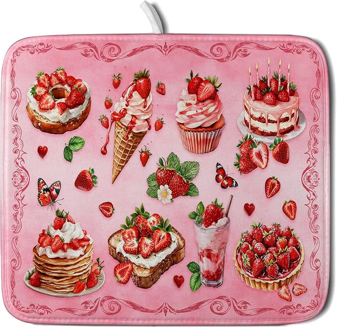 Pink Strawberry Dish Drying Mat for Kitchen Counter Washable Absorbent Dish Draining Mat 16×18in