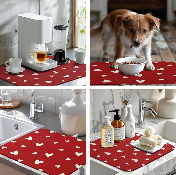 Valentine's Day Love Heart Dish Drying Mat for Kitchen Counter 18x24 Inch Valentine Theme Dish Mats Absorbent Microfiber Dish Draining Mat Reusable Washable Dish Drainer Rack Pad