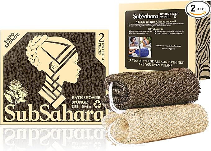 SubSahara Authentic African Net Sponge - 2 Pack Exfoliating Bath & Shower Loofah Sponge for Body & Face, Gentle Scrubber for All Skin Types, Travel, Durable (Linen & Brown)