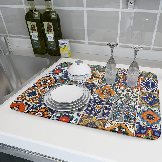 Talavera Mexican Tiles Dish Drying Mat for Kitchen Counter 16x18 Inch Mexican Flower Decorations Dish Draining Mat Mexican Tilt Fast Absorbent Tableware Dishes Pad for Coffee Bar Countertop