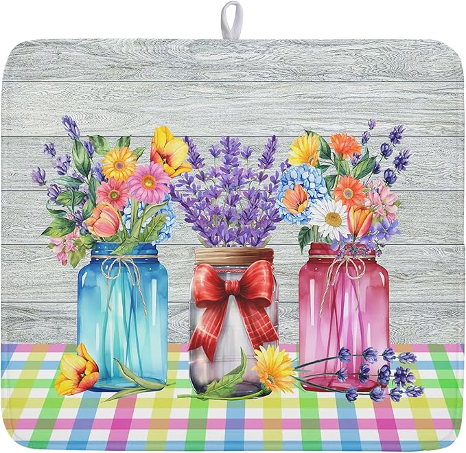 Kawani Spring Summer Flowers Dish Drying Mat for Kitchen Counter 16"x18" Spring Floral Jars Drying Mat Soft Absorbent Microfiber Farmhouse Colorful Floral Dish Drainer Rack Mats for Counter tops