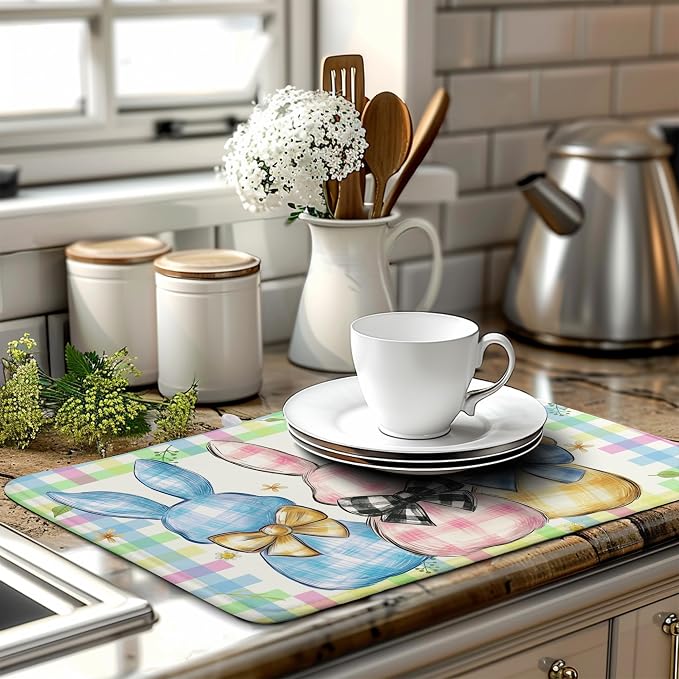 Easter Drying Mat for Kitchen Counter 18x24 Inch Spring Cute Bunny Dish Drying Mats Colorful Buffalo Plaid Rabbits Drying Pad Microfiber Absorbent Dish Drainer Rack Mat Easter Kitchen Accessories
