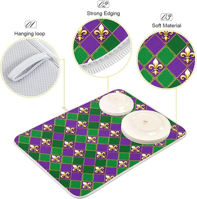 Happy Mardi Gras Purple Green Dish Drying Mat for Kitchen Countertop 18x24 Fleur de Lis Buffalo Plaid Large Drying Mat Reusable Quick Dry Dish Sink Mats Easy Clean Decorative Essentials