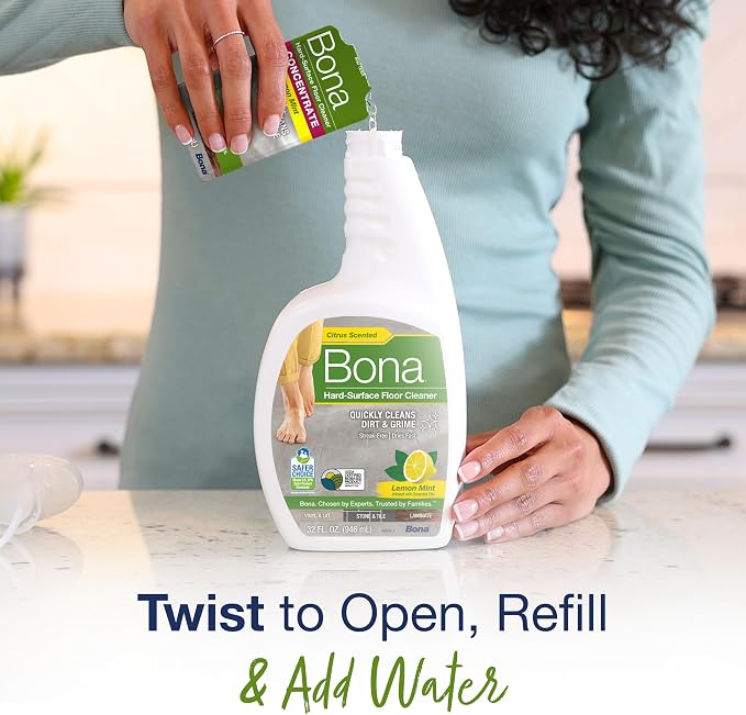 Bona Multi-Surface Floor Cleaner Concentrate, Lemon Mint Scent, 1 fl oz, Pack of 4 (Makes 128 fl oz) Spray Mop and Spray Bottle Refill – For Use on Stone, Tile, Laminate, and Vinyl Floors