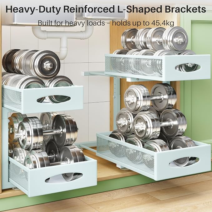 2 Pack Under Sink Organizer, 2 Tier Pull out Cabinet Organizer Mesh Baskets with 5 Adjustable Heights, Sliding Drawers Storage Shelf for Home, Kitchen, Bathroom, Pantry, Office, Countertop ,Blue