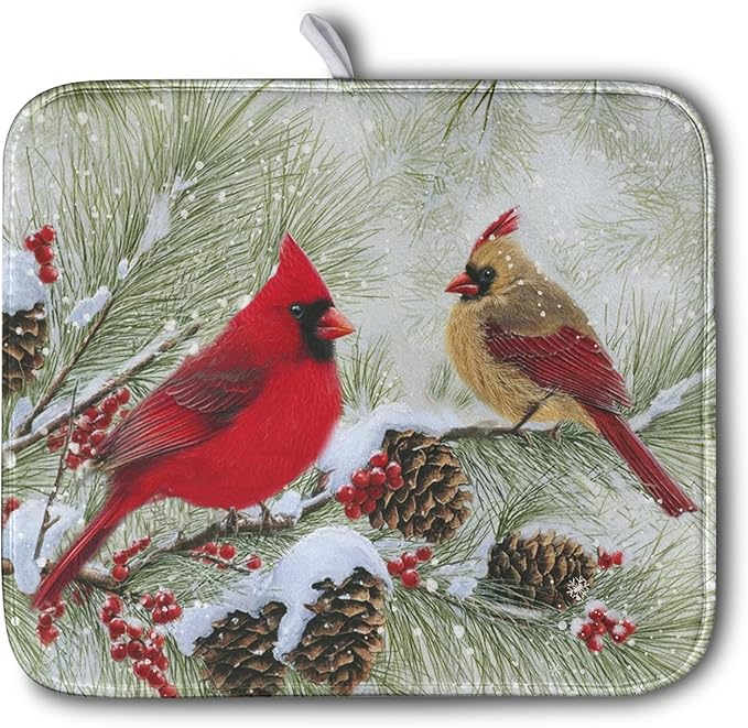 Winter Dish Drying Mat for Kitchen Counter 16x18 Inch Christmas Red Birds Drying Mats Xmas Holiday Microfiber Absorbent Dishes Drainer Mats Cardinal Dish Rack Pad