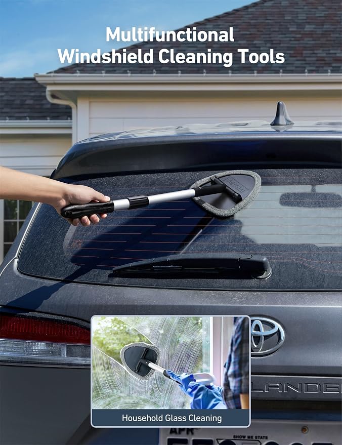 AstroAI 21" Extra-Long Windshield Cleaner Tool, Car Interior Detailing Cleaning Kit with Extendable Handle and 4 Upgraded Reusable Microfiber Pads, Auto Glass Wiper Brush Kit for Cars, Gray, 2 Pack