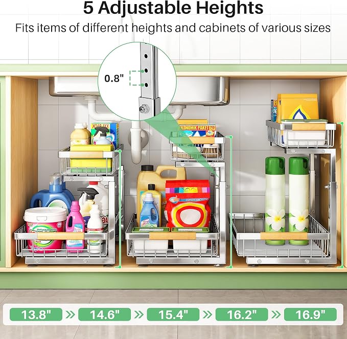 Kitstorack Under Sink Organizer, 2 Tier Under the Sink Storage, Slide out Pull out Cabinet Organizer Shelf, Metal Sliding Drawer for Kitchen Bathroom Pantry Closet Organization Rack, Silver, 2 Pack