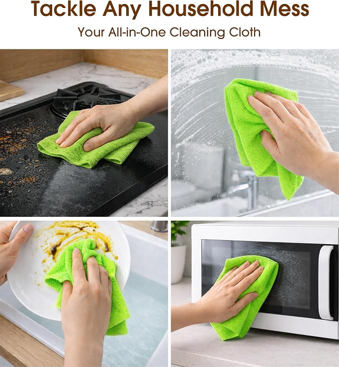 KitchLife Microfiber Cleaning Cloth Roll, 100 Pack - Tear-Away Microfiber Paper Towels, Lint-Free, Reusable, Washable for Kitchen, Car, Dishes, and Sensitive Surfaces (Neon Green)