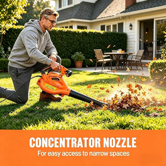 GARCARE 3-in-1 Electric Leaf Blower Vacuum & Mulcher Corded 500 CFM 200 MPH | Corded blower vacuum with collection bag, wheels & shoulder strap. Ideal for lawn, yard & patio leaf cleanup.