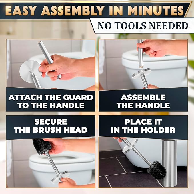 Stainless Steel Toilet Brush and Holder Set, Splash Guard (Silver) | Toilet Bowl Brush and Holder, Removable Inner Bowl, Dense Bristles, Long Handle, Scratch Resistant, for Modern Bathrooms