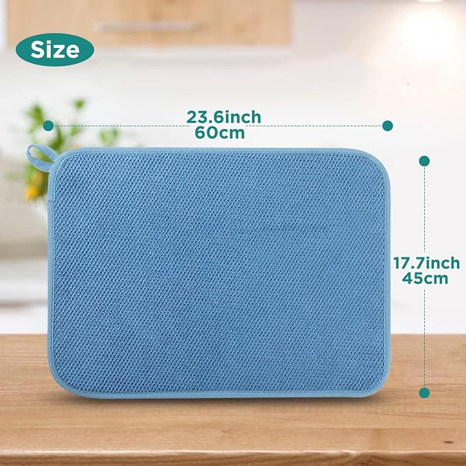 GeeRic Microfiber Dish Drying Mat, Super Absorbent Kitchen Dish Drying Pad, Reversible Gift Mats for Countertop, 17.8 * 23.6 inch Blue